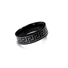 8mm Men's Black Tungsten Carbide Laser Engraved Greek Key Design Ring