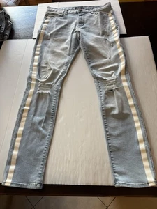 Pantalones de mezclilla Nova de moda para hombre 34 X 32 azules con rayas blancas desgastados ajustados elásticos - Imagen 1 de 7