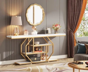 Extra Long 4-Tier Marble Table Storage Shelves Entryway Home Gold Console 180cm - Picture 1 of 14