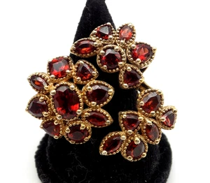 Sterling Silver Gold Vermeil Red Garnet Cluster Ring Adjustable Sz 7+ Floral - Picture 1 of 8