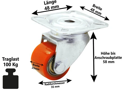 Polyurethan Lenkrolle Ø 35 mm Kompaktrolle extrem Mini Schwerlast Rolle 100 Kg