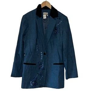 EUC Coldwater Creek Denim Jacket Velvet Collar Floral Embroidered Blazer Size 10 - Picture 1 of 8
