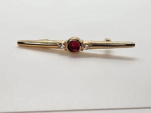 Brooch Pin - Signed Park Lane Straight - White Rhinestones Red Center Gold Tone - Picture 1 of 5