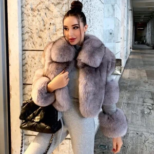 Top Women Natural Full Pelt Real Fox Fur Coat Jacket Lapel Collar Thick Overcoat - Picture 1 of 23