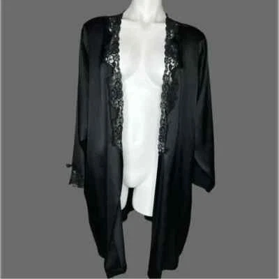 CACIQUE Vintage Negro Brillante Encaje Ribete Repujado Camisón Bata Para Mujer M Foto 1 de 4