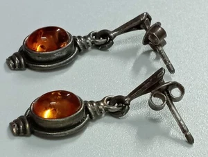 Vintage Sterling Silver 925 Amber Cabochon Dangle Earrings Pierced Post Back - Picture 1 of 13