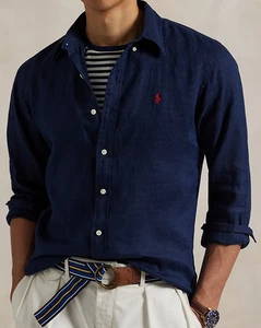 Polo Ralph Lauren Custom Fit Navy Linen Shirt – Men’s Long Sleeve Button-Down - Foto 1 di 10