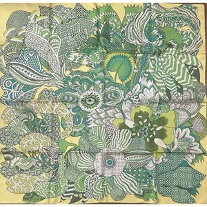 Hermes Bufanda FLEURS DINDIENNES 90 cm Seda Amarillo Verde Carre Flor India 35" - Imagen 1 de 2