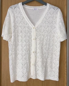 Damart size 18 20 lacy pointelle white v-neck short sleeved cardigan 44” crochet - Picture 1 of 5