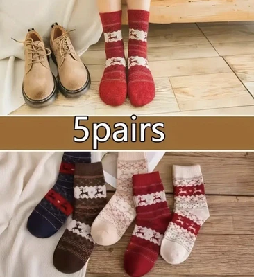 5 Pair Women's Polyester Spandex Thermal Forest Deer Winter Jacquard Cable Socks - Image 1 of 4