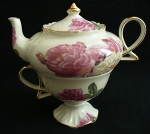 ROMANTIC ROSE~Victorian~TEAPOT&CUP~Tea For One~PORCELAIN~Burton & Burton~GOLD - Picture 1 of 24