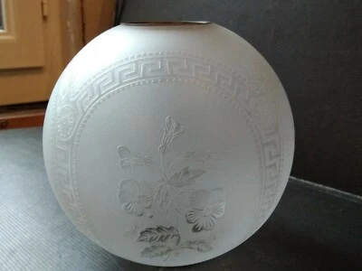 Ancienne boule globe lampe pétrole verre dépoli dégagé acide motifs fleurs nap 3 - Photo 1/4