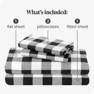 BLACK & WHITE BUFFALO PLAID MICROFIBER 4PC BED SHEET SET in QUEEN & KING SIZES - Picture 1 of 5
