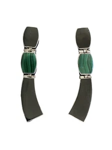 Vintage Native American Drop Earrings ~ Onyx, Malachite, and Sterling - Picture 1 of 3