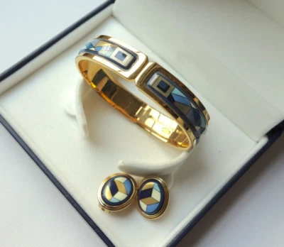 MICHAELA FREY WILLE Enamel Jewelry Set Clasp Bangle & Ear Clips Geometric - Image 1 of 4