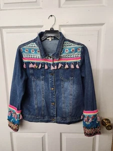 Velzera Embroidered Boho Jean Jacket Women's Size Large Pre-Owned - Picture 1 of 16
