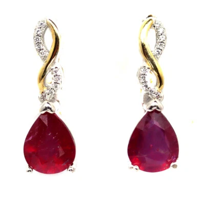 Heated 8 x 10 MM. Red Ruby & Cubic Zirconia Earrings 925 Sterling Silver - Image 1 of 4