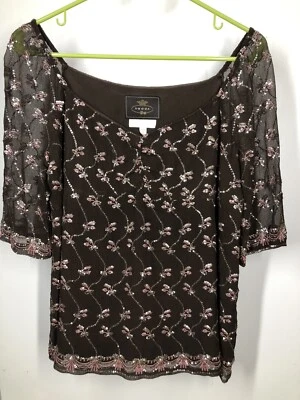 Sequined Top Sheer Silk Women's Medium Tocca  Solid Lining Brown - Image 1 of 4