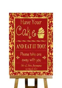 Red And Gold Cake Cupcake Candy Buffet Personalised Wedding Sign - Picture 1 of 8