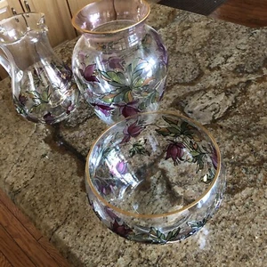 vintage hand painted decorated round glass bowl Vase And Pitcher - Flowers - Picture 1 of 10