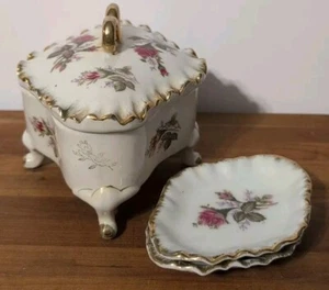 Cómoda de porcelana rosa musgo y 2 bandejas para baratijas Japón  - Imagen 1 de 21