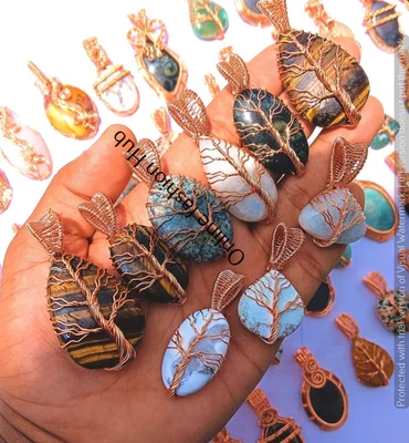 Lote de colgantes de árbol de la vida de piedras preciosas y mezcla de piedras preciosas regalo envoltura de alambre de cobre Foto 1 de 3