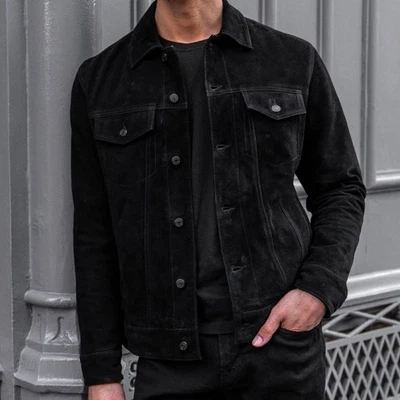 Leather Trucker Jacket for Men Black Pure Suede Custom Made Size S M L XXL 3XL - Image 1 of 4