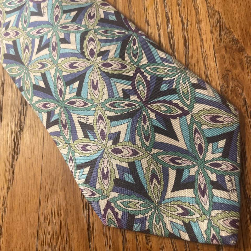 EUC Emilio Pucci 几何精细丝绸领带男式设计师领带意大利制造 — 第 1/4 张图片