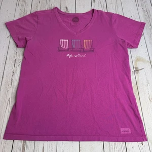 Life is Good Beach Chairs Vacation Graphic T Shirt Womens Large Crusher Tee Pink - Picture 1 of 10