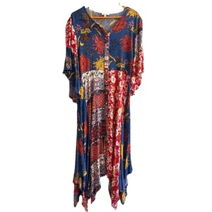 Umgee Sz L Red Blue Floral Patchwork Asymmetrical Midi Dress Duster Button Front - Picture 1 of 11