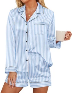 Satin Pajama Set for Women Button Down Pj Set Long Sleeve Top and Shorts 2 Pi... - Picture 1 of 6