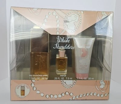 白色肩香水盒套装。 复古 全新 1.5 液量盎司喷雾 0.25 香水 1.7 盎司乳液 — 第 1/4 张图片