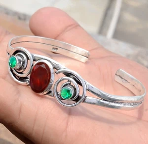 Oval Cut Garnet & Diopside Gemstone 925 Sterling Silver Bracelet Looking Bangle - Picture 1 of 7