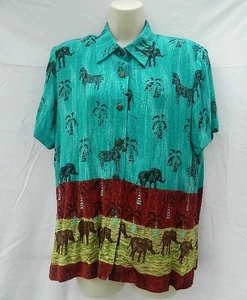 Vintage Karin Stevens Womens 14 Button Down Shirt Palm Trees, Elephants & Zebras - Picture 1 of 10