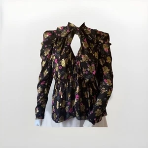 NWT Zara Black Gold Foil Floral Puff Sleeve Chiffon Tie Bow Blouse Top XL New - Picture 1 of 10