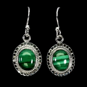 925 Sterling Silver Earrings Oval Malachite 9x7mm Natural Gemstone Jewelry - Picture 1 of 13