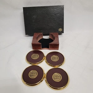 Leather & Brass Coca Cola Coasters and display holder Coca Cola Set of 4 NEW - Picture 1 of 15