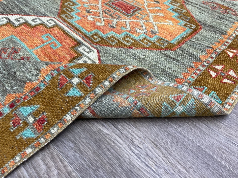 3x9 Orange Green Turkish Runner, Unique Vintage Oushak Hand-Knotted Wool Runner - Image 1 of 4