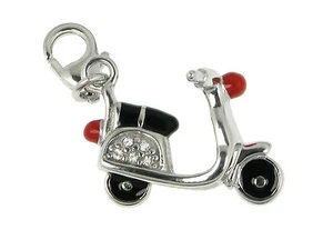 Ciondolo Charm Motorino Come Vespa 925 Argento con Zirconia Vernice Rosso Nero - Foto 1 di 2