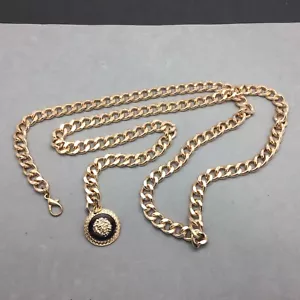 Gold Tone Chain Belt 46" Lion Head Black Enamel Fob w/ Clip Closure 12mm Wide - Picture 1 of 5