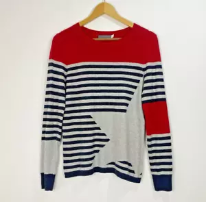 Neuwertiger Samt Pullover Damen Größe 8 grau rot gestreift Sterne Strick Baumwolle Kaschmir - Bild 1 von 7