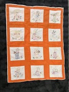 Vtg Cotton Crib Baby Blanket Hand Embroidered 12 Blocks, 42” X 32” - Picture 1 of 17
