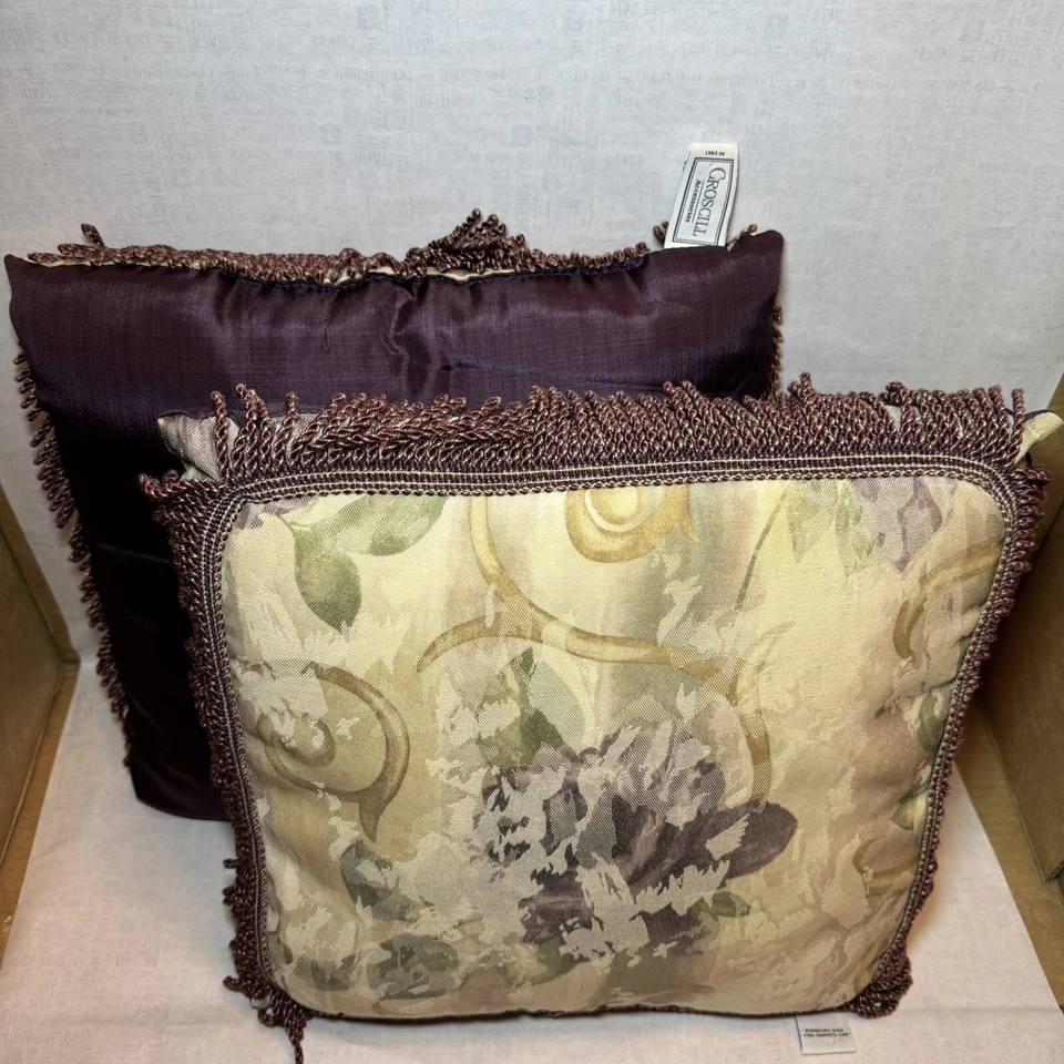 Croscill Chambord 2 Cassis Fringe Throw Pillows Amethyst Purple Damask Floral - Image 1 of 4