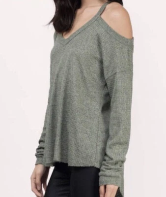 Boutique Waffle Knit Top Shirt Olive Green Boho Cold Shoulder Fairy Grunge Sz L - Image 1 of 4