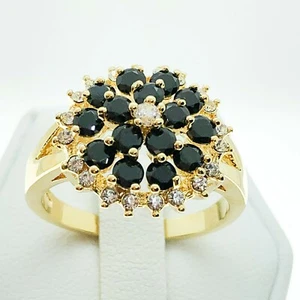 R4717 Women Vintage Jewelry White Yellow Gold Plated Black Crystal Cocktail Ring - Picture 1 of 8