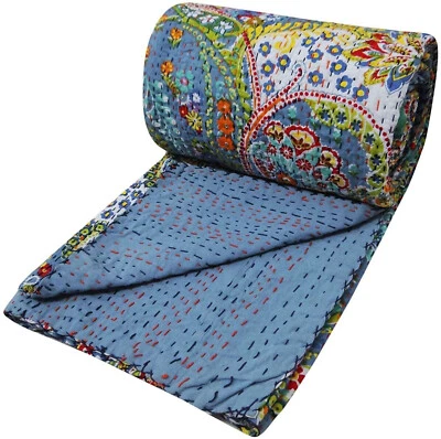 Edredón Kantha de algodón con estampado de cachemira gris 90"x60 pulgadas Foto 1 de 3