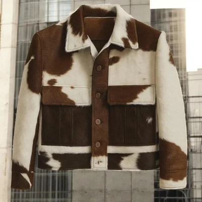 Handmade Cowhide Leather Western Jacket for Men Brown White | Gift for Him - Image 1 of 4