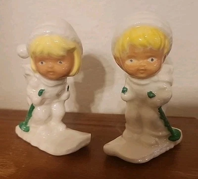 Vintage Ceramic Skiing Boy Girl Figurines Skier Set of 2  Hand Painted - Image 1 of 2