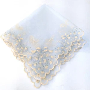 Transparentes blaues Einstecktuch beflockt blau & cremeweiß Schleifen & Blumen Taschentuch 14" quadratisch - Bild 1 von 5