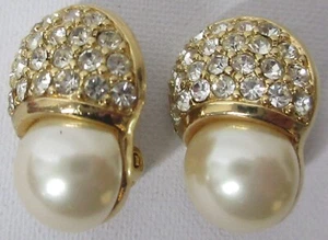 Swarovski Classic Clip On Earrings Gold Tone Faux Pearl Pave Crystals Swan Stamp - Picture 1 of 5